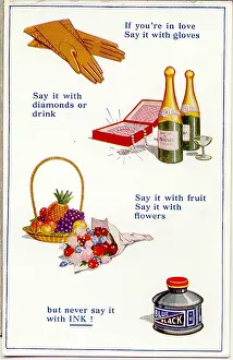 Inkpot: Comic postcard, Gloves, drink, fruit, flowers and ink