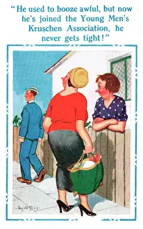 Booze: Comic postcard, gossiping neighbours