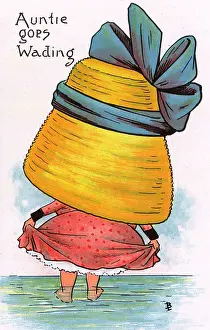 Holidaymaker: Comic Postcard - Hat theme - Auntie Goes Wading