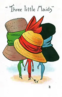 Gossiping: Comic Postcard - Hat theme - Three Little Maids