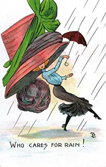 Chapeau: Comic Postcard - Hat theme - Who Cares for Rain!