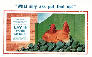 Coals: Comic postcard, hen laying in coals, WW2