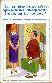 Booking: Comic postcard, Holidaymaker and landlady