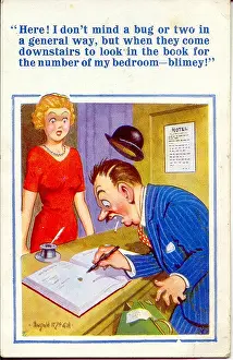 Receptionist: Comic postcard, Hotel guest's complaint