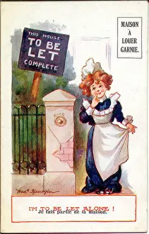 Wordplay: Comic postcard, House to Let, with maid