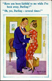 Infidelity: Comic postcard, Husband returns home to wife
