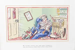 Slam: Comic postcard, Husband surrounded by debris