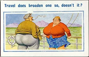 Broaden: Comic postcard, Large couple on deck of ship