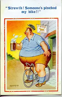 Pinched: Comic postcard, Large man with beer and bicycle