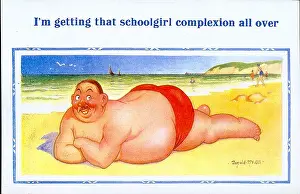 Sunbathe: Comic postcard, Large man sunbathing at the seaside