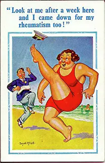 Rheumatism: Comic postcard, Large woman on the beach