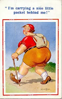 Entendre: Comic postcard, Large woman hiking