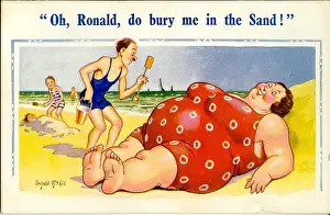 Wimp: Comic postcard, Large woman in red swimsuit on the beach