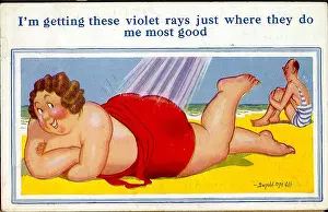 Sunbathe: Comic postcard, Large woman sunbathing at the seaside