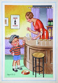 Underage: Comic postcard, Little boy and barmaid in a pub