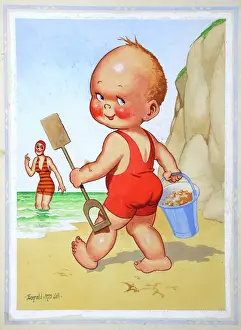 Beckoning: Comic postcard, Little boy on the beach