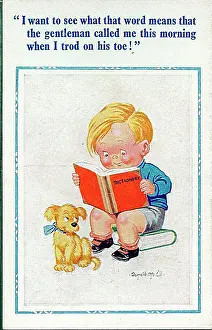 Trod: Comic postcard, Little boy checks word in dictionary