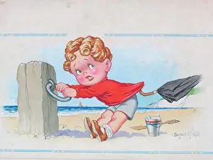 Cling: Comic postcard, Little boy clinging to post on the beach