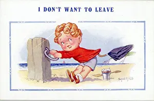 Cling: Comic postcard, Little boy clinging to post on the beach