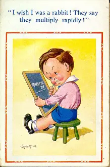Sums: Comic postcard, Little boy doing multiplication