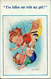 Swingboat: Comic postcard, Little boy and girl falling out