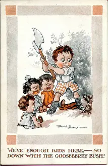 Gooseberry: Comic postcard, Little boy and gooseberry bush