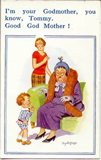 Exclamation: Comic postcard, Little boy meets his godmother