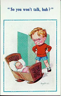 Insulted: Comic postcard, Little boy with new baby