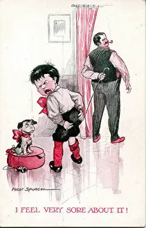 Sore: Comic postcard, Little boy in pain after caning