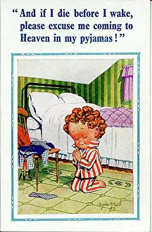 Comic postcard, Little boy praying by his bed