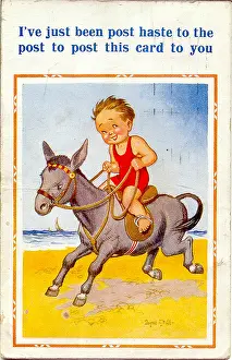 Haste: Comic postcard, Little boy riding a donkey on the beach