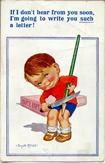 Sharpen: Comic postcard, Little boy sharpening large pencil