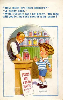 Halfpenny: Comic postcard, Little boy and shopkeeper
