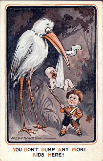 Unwelcome: Comic postcard, Little boy with stork and baby