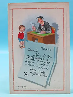 Dishonest: Comic postcard, Little boy and teacher