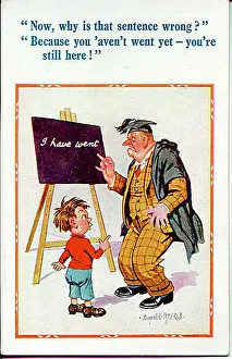 Verb: Comic postcard, Little boy and teacher