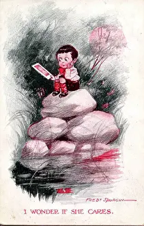 Cares: Comic postcard, Little boy thinking of his love