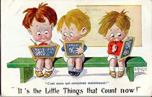 Sums: Comic postcard, Three little boys doing their sums