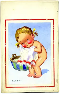 Bathtime: Comic postcard, Little girl at bathtime
