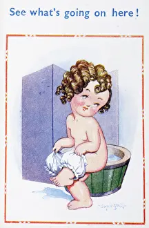 Bathtime: Comic postcard, Little girl at bathtime
