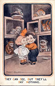 Snooping: Comic postcard, Little girl and boy with audience