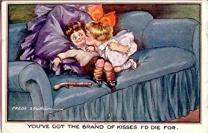 Spurgin: Comic postcard, Little girl and boy on a sofa