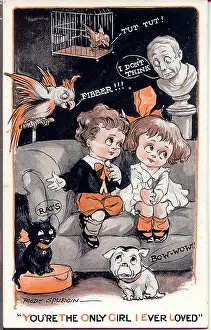 Snooping: Comic postcard, Little girl and boy on a sofa, with audience