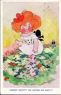 Cowham: Comic postcard, little girl with daisies