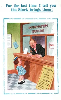 Enquiries: Comic postcard, Little girl at Information Bureau