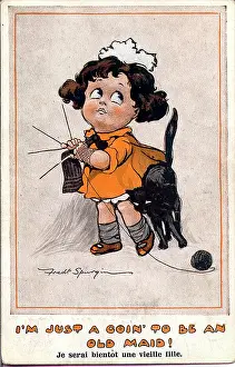 Spurgin: Comic postcard, Little girl with knitting and cat