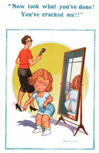 Smacking: Comic postcard, Little girl looking in the mirror
