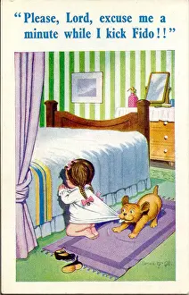 Nightie: Comic postcard, Little girl praying by her bed