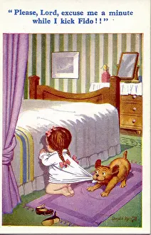 Nightie: Comic postcard, Little girl praying by her bed