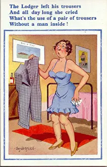 Spinster: Comic postcard, The lodger left his trousers